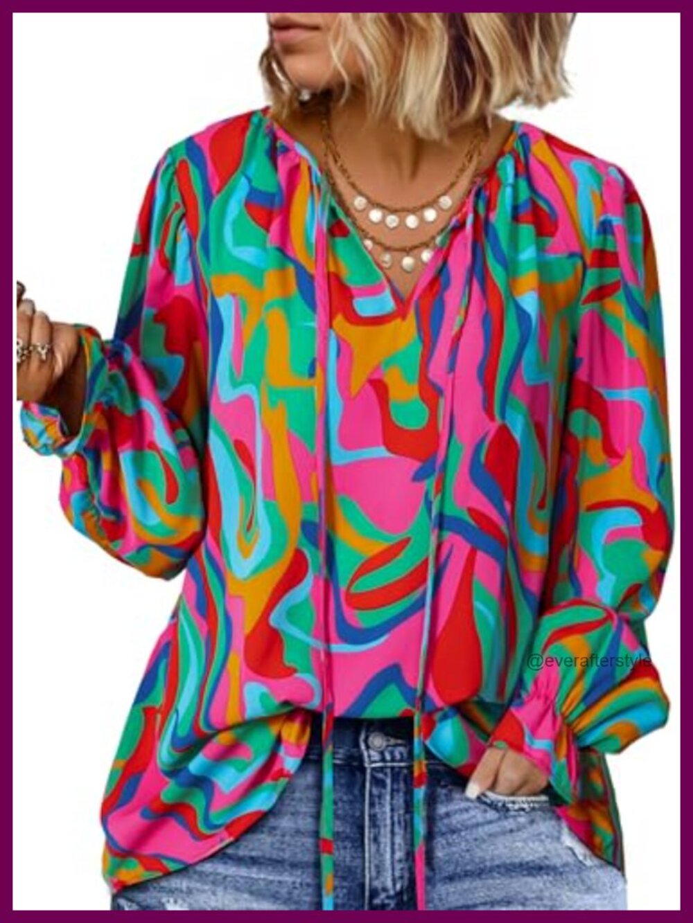 Plus Size Boho V Neck Long Sleeve Drawstring Blouse